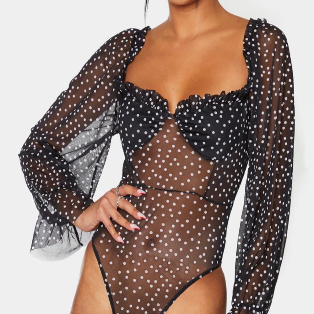 Black Mesh Polka Dot Milkmaid Bodysuit